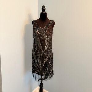 Black Sequin Dress, open back, vintage, night out, vacation dress, party dress